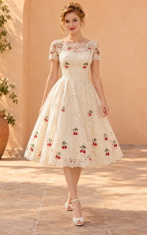 Kurzärmeliges Rockabilly-Kleid mit Kirschstickerei, Spitze und Teelänge in A-Linie