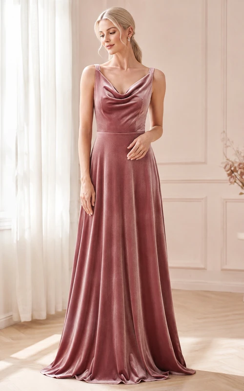 Vestido de noche formal vintage color malva con escote drapeado, tirantes, corte en A y largo hasta el suelo.