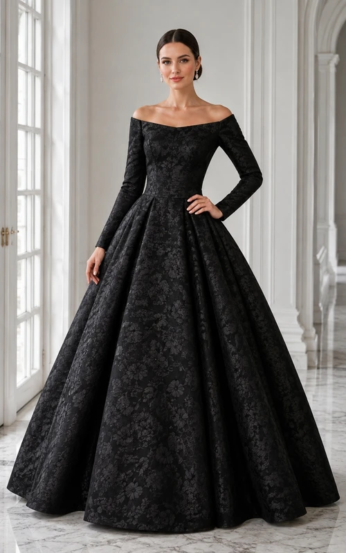 Black Off-Shoulder Long Sleeve Jacquard Ball Gown Floor-Length Vintage Formal Dress