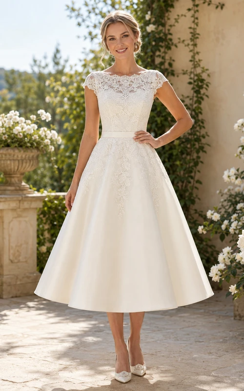 Classic Tea-Length Bateau Cap Sleeve Satin Lace Vintage Wedding Dress