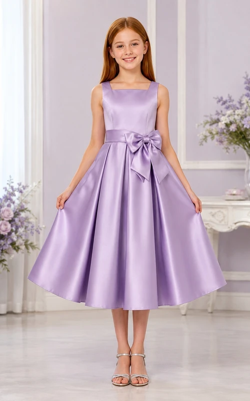 Bezauberndes lavendelfarbenes, eckiges Satin-Kleid mit Schleife, A-Linie und Teelänge für Blumenmädchen