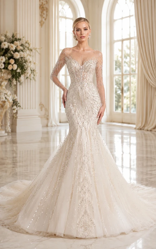 Robe de mariée sirène à manches longues, décolleté en V profond et traîne chapelle, ornée de perles, style bateau