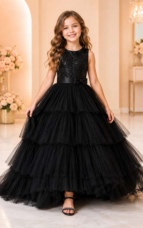 Black Sequined Sleeveless Tiered Tulle Ball Gown Flowergirl Dress