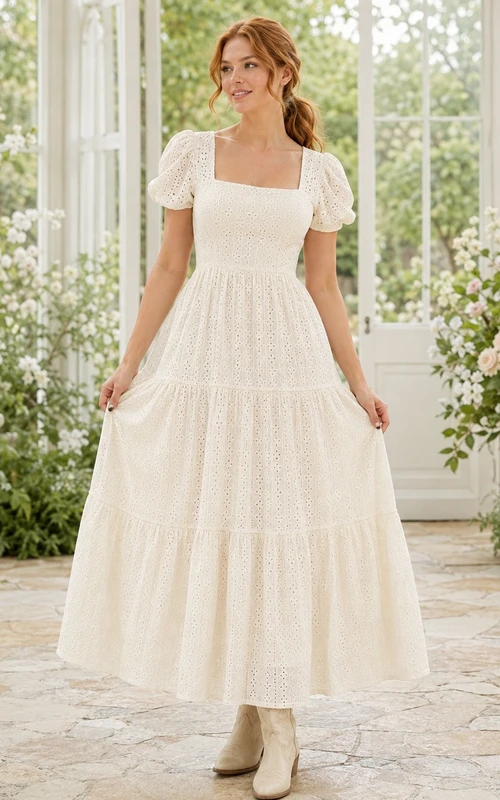 Ivory Short Sleeve Tiered Country Maxi Dress Classic