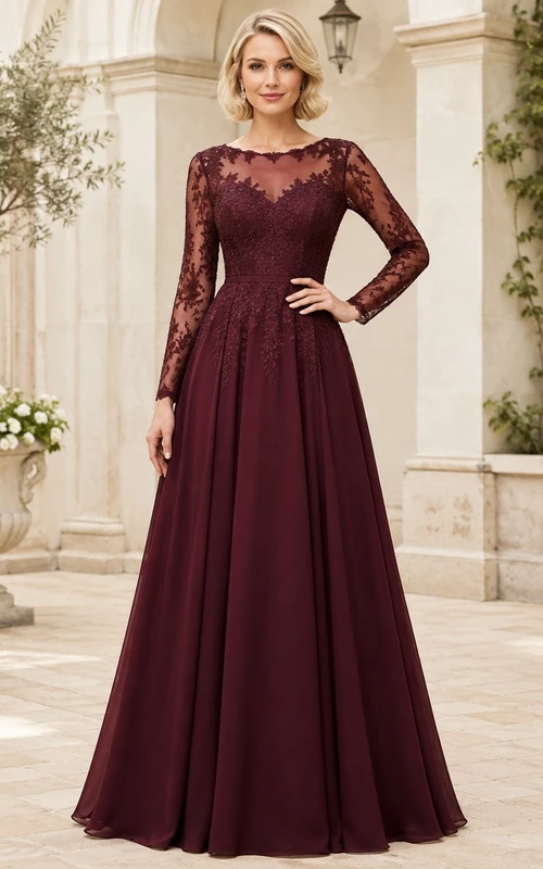 Burgundy Lace Long Sleeve Sweetheart A-Line Evening Gown Dress