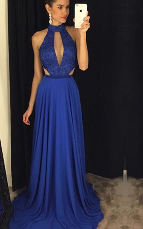 Neuestes hochgeschlossenes königsblaues A-Linien-Abendkleid aus Spitze