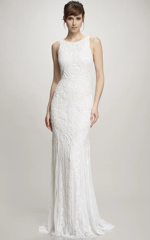 Floor-Length Scoop Lace Wedding Dress With Brush Train And V Back