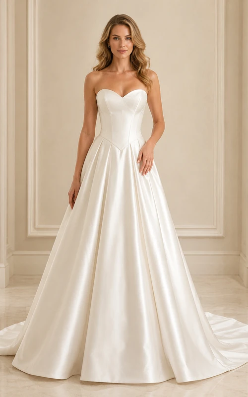 Robe de mariée minimaliste en satin, coupe trapèze, bustier cœur, traîne.