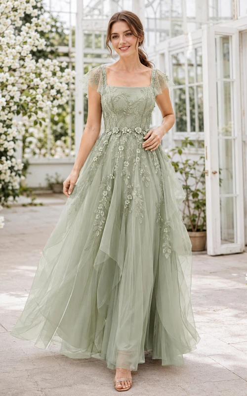 Luxury Sage Square Neck Cap Floral Applique Tulle A Line Guest Gown