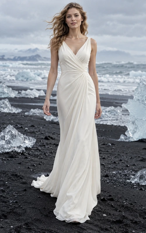 Vestido de novia sencillo sin mangas de georgette, de corte recto, con escote en V cruzado y drapeado lateral.