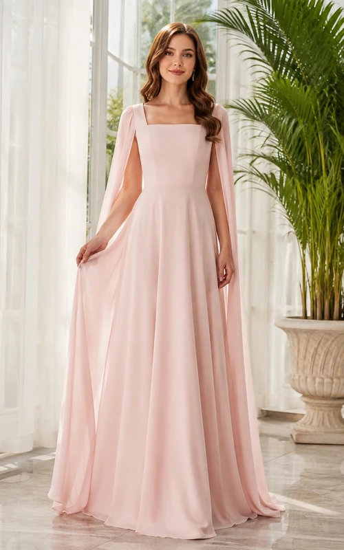 Rosafarbenes, bodenlanges Chiffon-Abendkleid mit V-Ausschnitt und langen Ärmeln