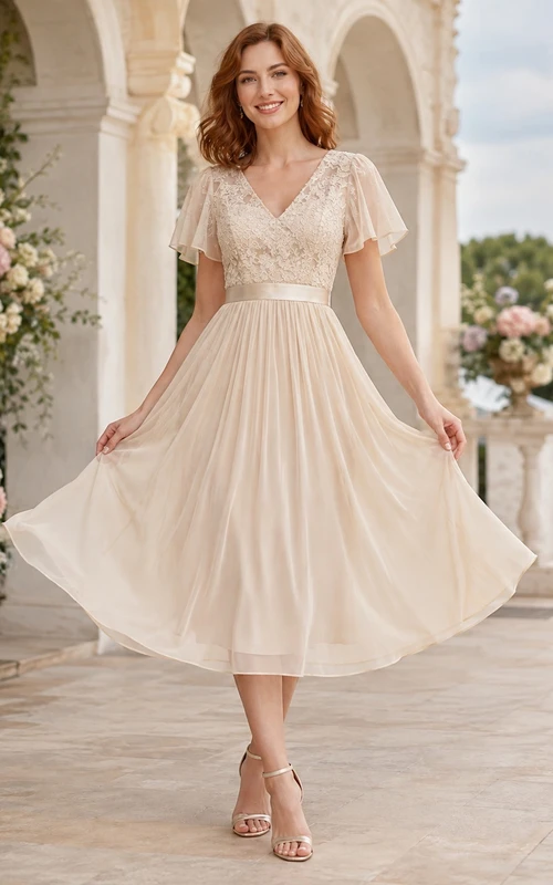 Cream Chiffon Lace V-Neck Cap Sleeve A-Line Tea-Length Romantic Guest Dress