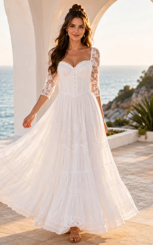 Robe de mariée romantique à manches en dentelle et manches longues en dentelle, coupe trapèze, décolleté en cœur et corset.