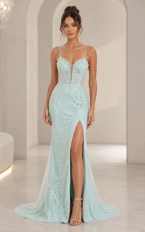 Vestido de fiesta de tul en verde menta, tirantes finos, vestido de sirena con escote corazón y cola larga con encaje.