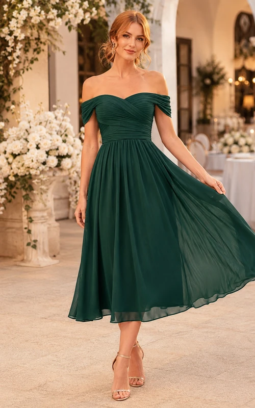 Emerald off shoulder chiffon tea length A-line guest dress