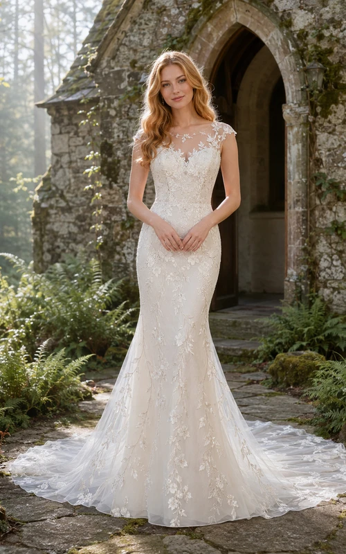 Brautkleid im Meerjungfrauenstil mit Rankenstickerei und Waldkapelle
