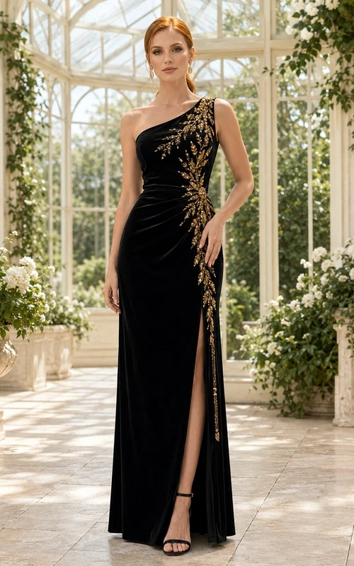 Schwarzes, schulterfreies, bodenlanges Etuikleid aus Satin mit Goldschlitz und One-Shoulder