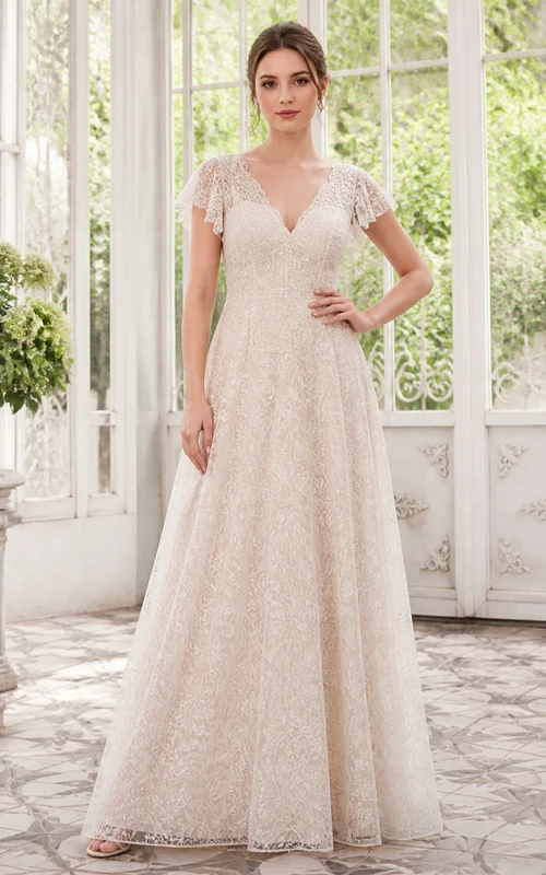 Vestido de madre discreto, rosa rubor, corte en A, escote en V, encaje corto, largo hasta el suelo