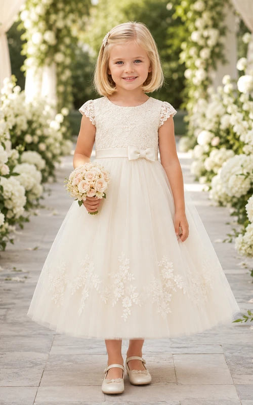 Vestido de niña de flores color marfil, romántico, largo hasta la rodilla, corte en A, mangas cortas, corpiño de encaje, bordado floral, tul, lazo de satén.