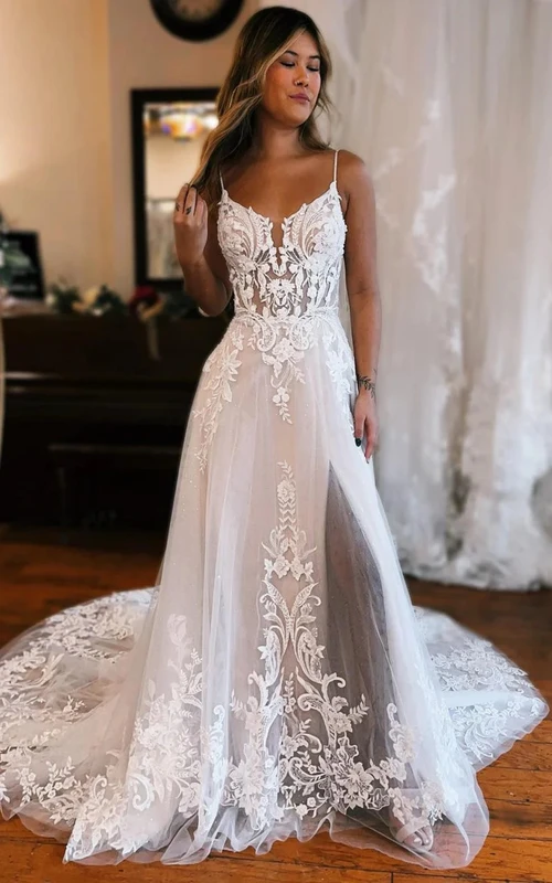 White Strapless Wedding Dress with Slit