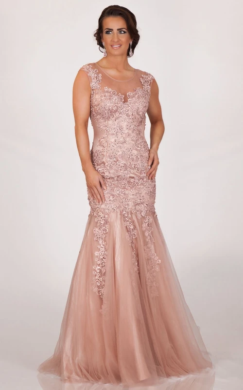 Mermaid Scoop Neck Appliqued Sleeveless Tulle Prom Dress With Keyhole