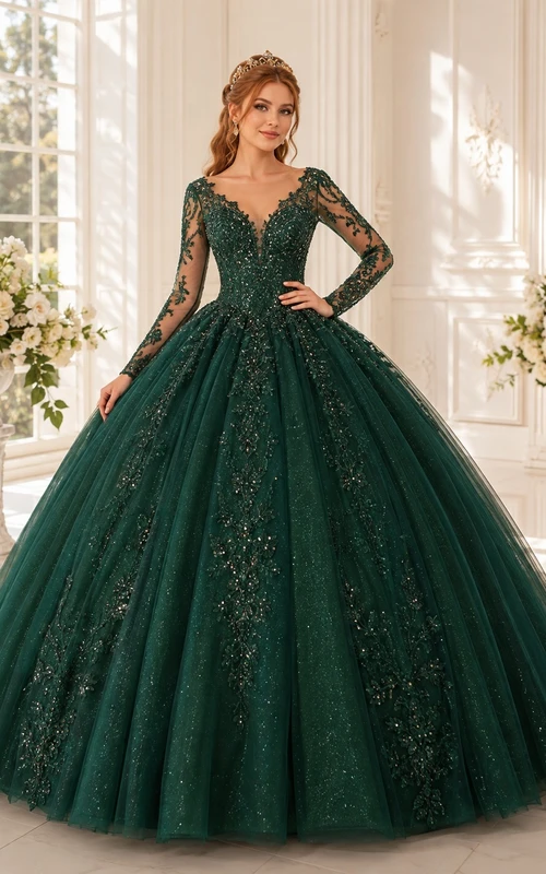 Emerald V-neck Illusion Long Sleeve Lace Tulle Ball Gown Quinceanera Dress