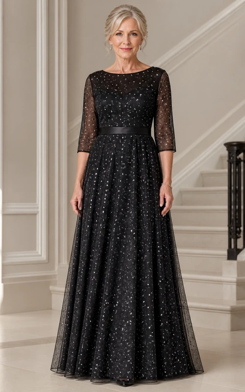 Robe de bal en dentelle scintillante, élégante et sobre, pour mariées d'âge mûr, longueur au sol, manches trois-quarts, style bateau. Robe de mère de la mariée