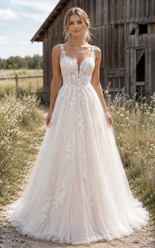 Vestido de novia de corte A con escote en V y tul, estilo campestre, con encaje.