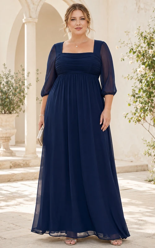 Vestido de fiesta de talla grande de gasa azul marino oscuro con cuello cuadrado y mangas estilo poeta.
