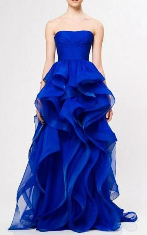 A-Linien-Kleid aus Satin, trägerlos, mit Reißverschluss und Rüschen