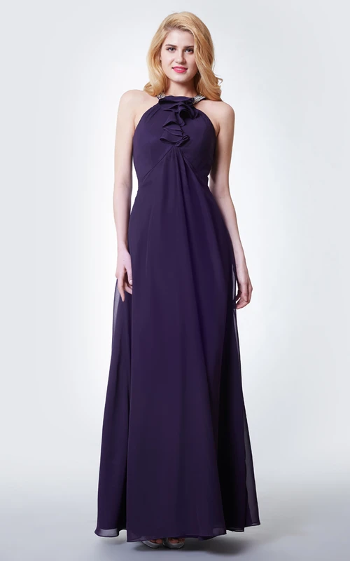 Robe longue plissée sans manches en mousseline de soie à col halter ornée de perles