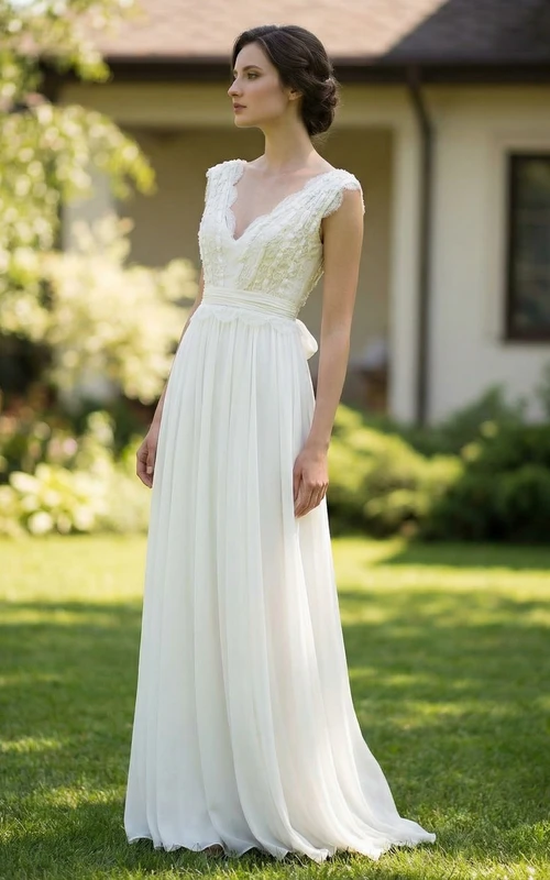 Vestido de novia de gasa con escote en V pronunciado y encaje
