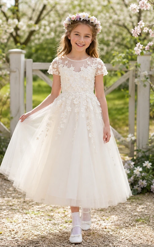 Robe de première communion en tulle à mancherons en dentelle Bateau Illusion
