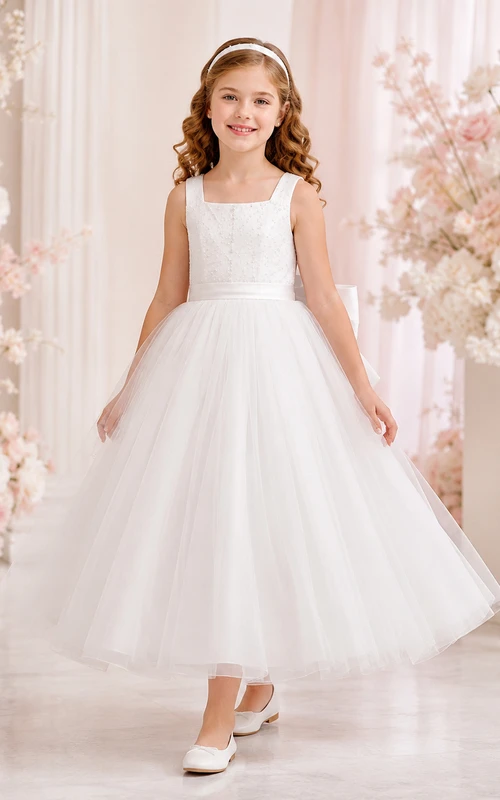 Teelanges Kleid mit quadratischem Ausschnitt, Tüllschleife, für Kommunion, Blumenmädchen, Kommunionkleid