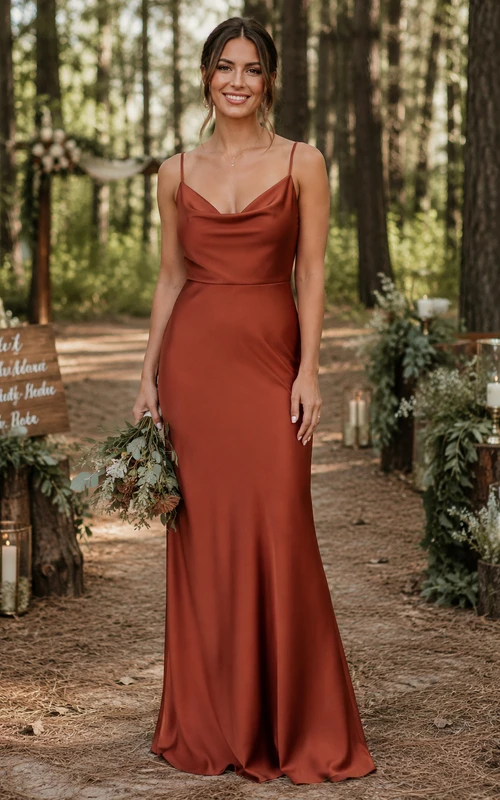 Papaya Cowl Neck Satin Sheath Bridesmaid Dress