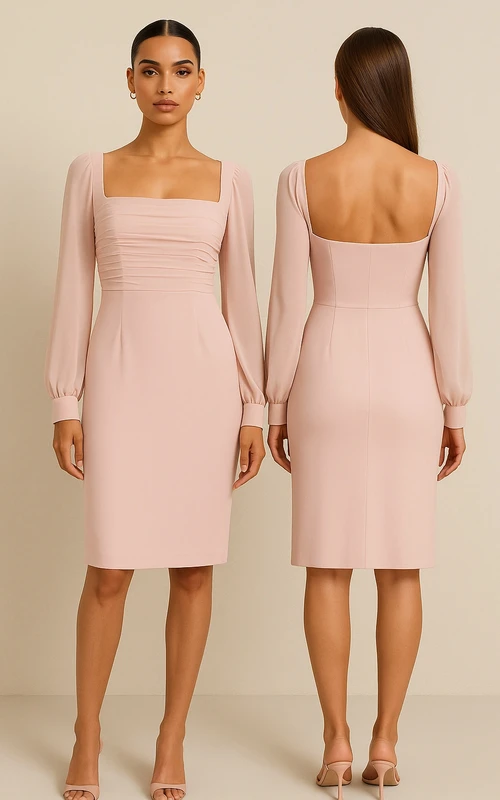Robe rose bouffante à manches longues et coupe crayon, longueur genou, avec haut froncé