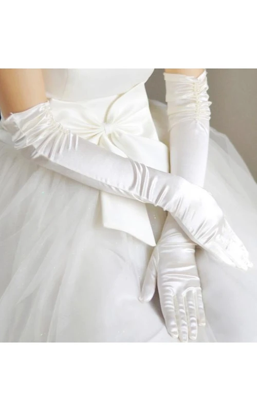 Weiße Hochzeitshandschuhe aus Spitze, Satin und mit langem Ellbogen