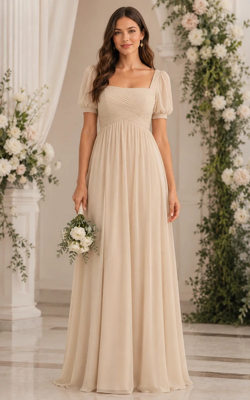 Vestido de dama de honor de gasa color champán con escote cuadrado y mangas abullonadas