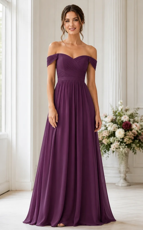 Pflaumenfarbenes schulterfreies A-Linien-Chiffon-Brautjungfernkleid