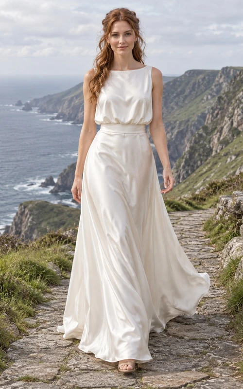 Vestido de novia sencillo de satén charmeuse sin mangas con escote joya y cola larga