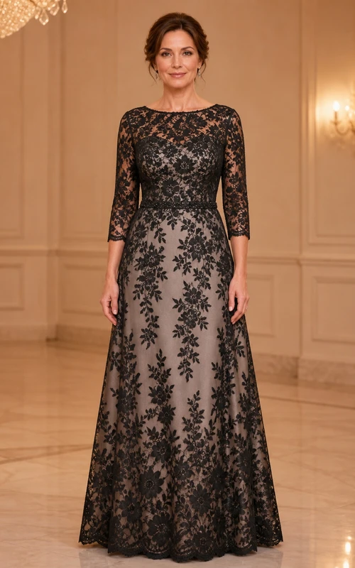 Robe de mariée sobre et élégante à imprimé floral spectaculaire, coupe trapèze, manches trois-quarts, en dentelle, longueur au sol, décolleté bateau.