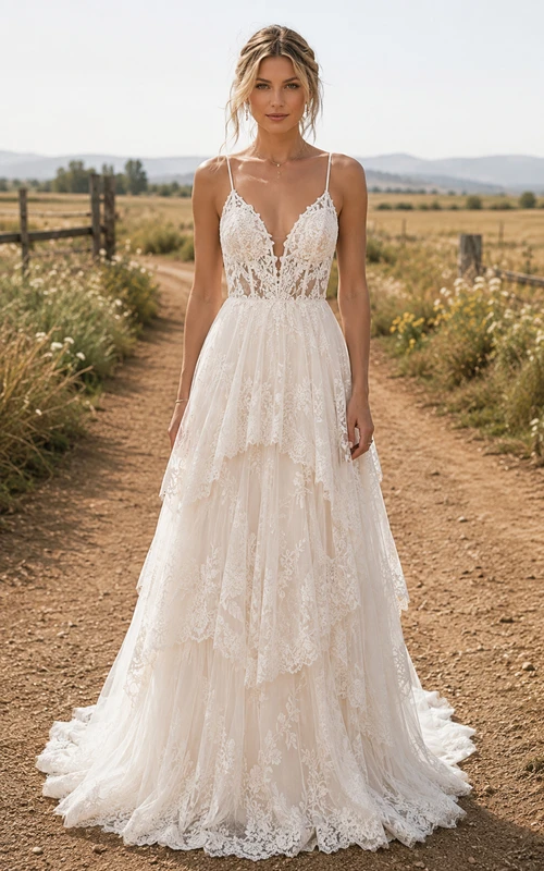Robe de mariée champêtre en dentelle, coupe trapèze, bretelles spaghetti, superposition à volants et traîne.