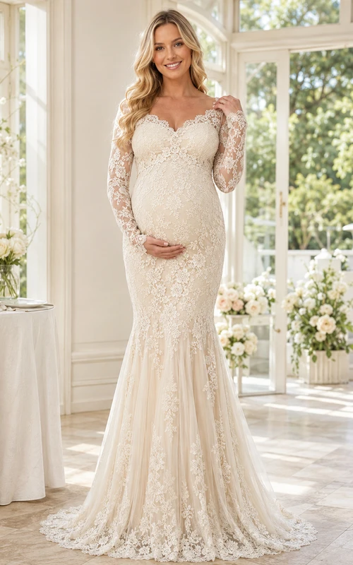 Robe de mariée sirène de maternité à manches longues en dentelle et traîne, décolleté cœur, bustier, robe de mariée de maternité