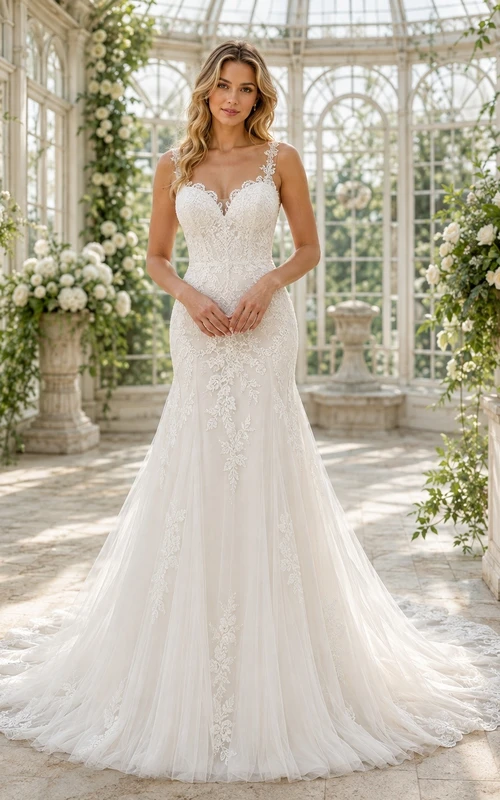 Vestido de novia de sirena con mangas cortas, encaje festoneado y cola de corte sirena.