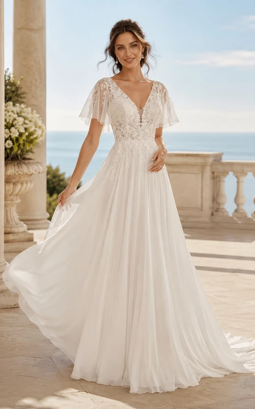 Robe de mariée bohème en dentelle, manches courtes, coupe trapèze, col en V, style plage