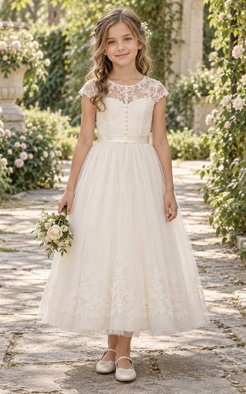 Vestido de niña de flores vintage color marfil con estampado floral, corte en A, tul, mangas cortas, largo hasta los tobillos y cierre de botones en la espalda.