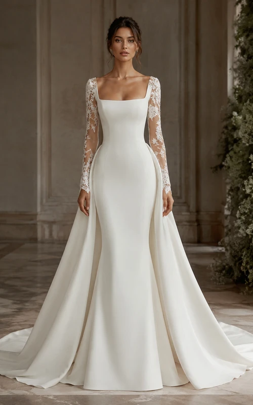 Langärmeliges Brautkleid im Meerjungfrauenstil aus Satin für ältere Bräute mit transparenten Spitzenärmeln