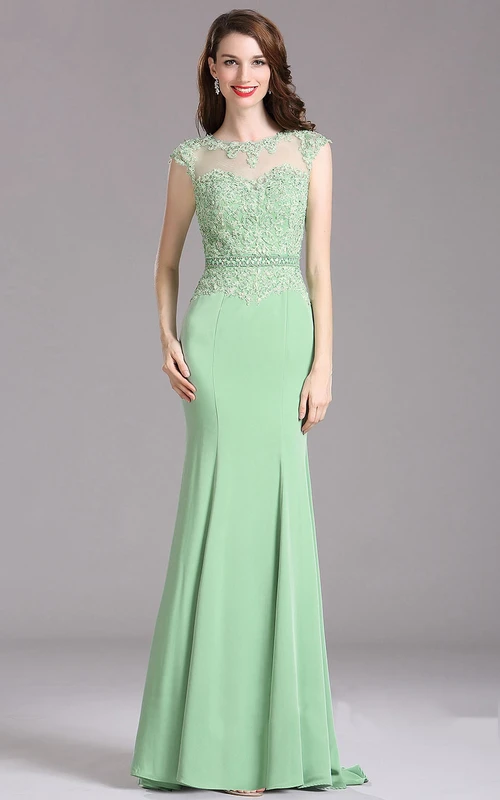 Mermaid Sweep High-Neck Short Sleeve Jersey Beading Keyhole Dress