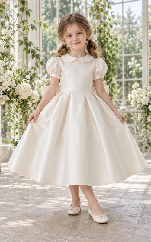 Tea-length Vintage Ivory A-line Satin Collared Puff-sleeve Bow-back Flower Girl Dress