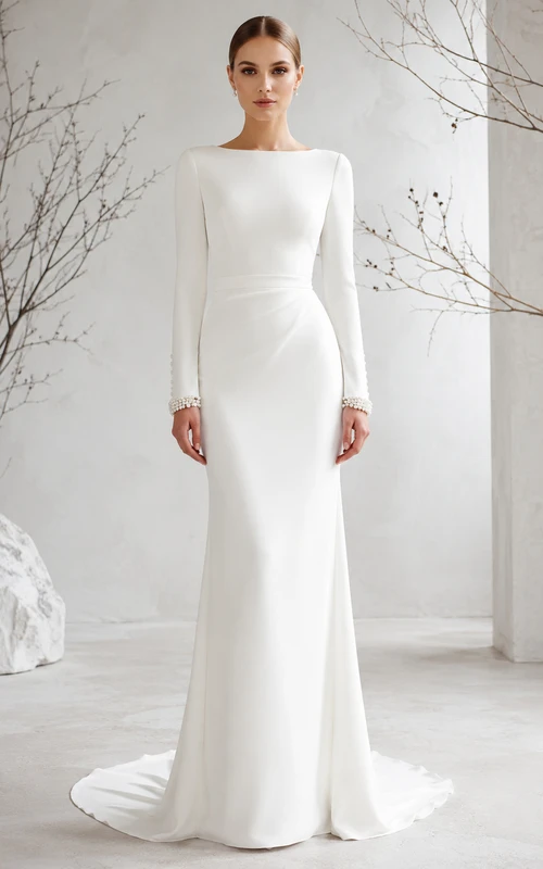 Minimal Bateau Neck Satin Wedding Sheath Long Sleeve Sweep Train Winter